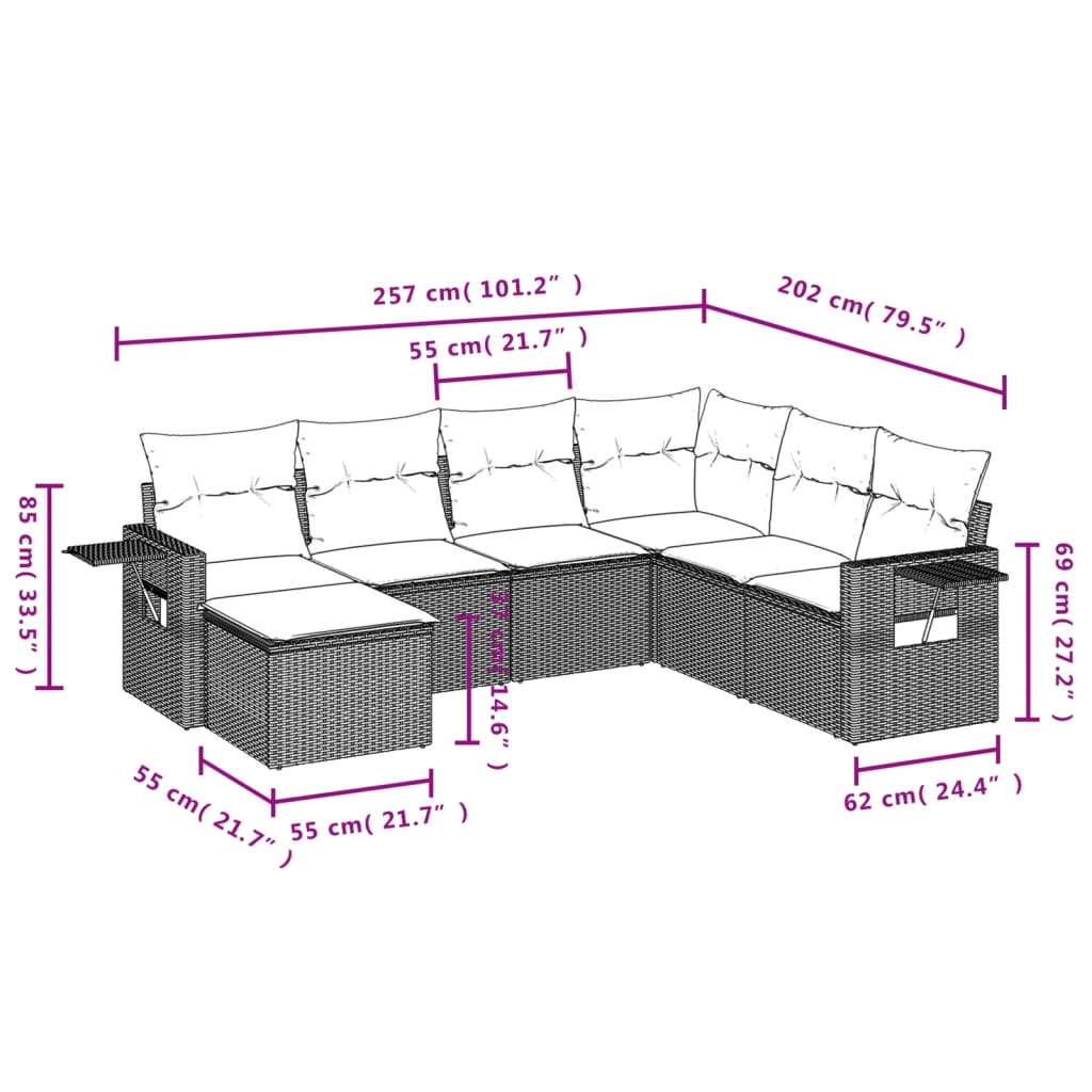 sofasæt til haven 7 dele med hynder polyrattan brun