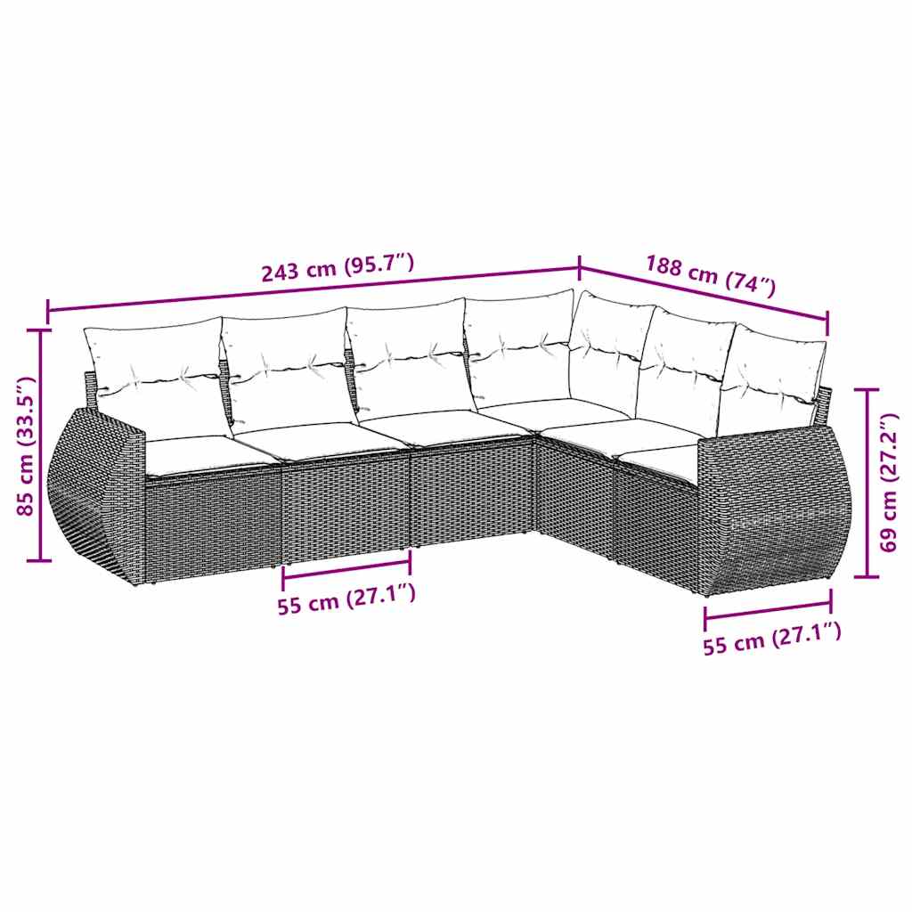 sofasæt til haven 6 dele med hynder polyrattan sort