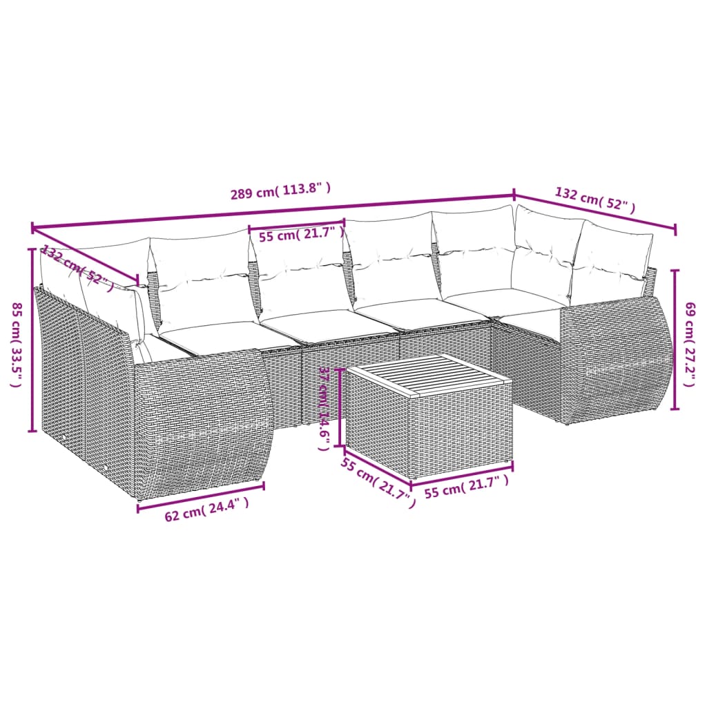 sofasæt til haven 8 dele med hynder polyrattan grå