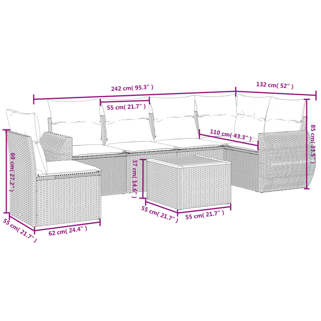 sofasæt til haven 7 dele med hynder polyrattan beige