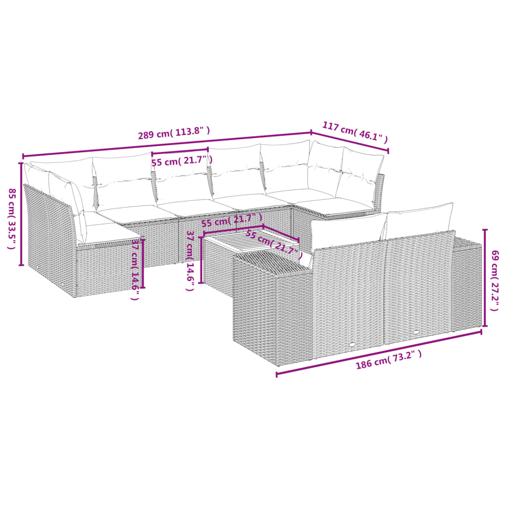 sofasæt til haven 10 dele med hynder polyrattan sort