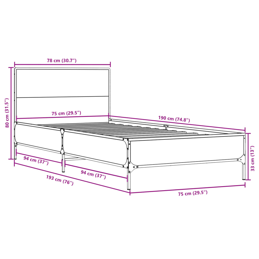 sengeramme 75x190 cm konstrueret træ og metal sonoma-eg