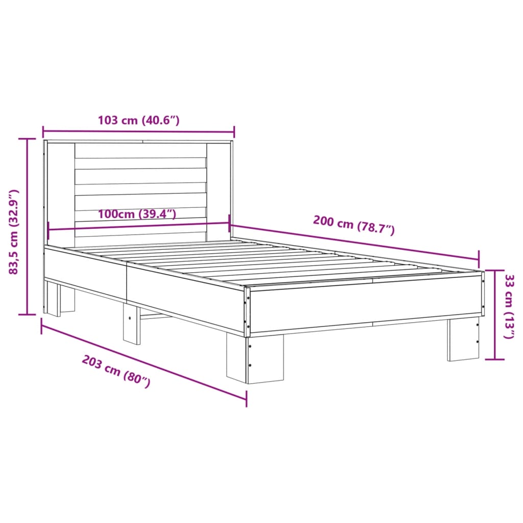 sengeramme 100x200 cm konstrueret træ og metal brunt egetræ