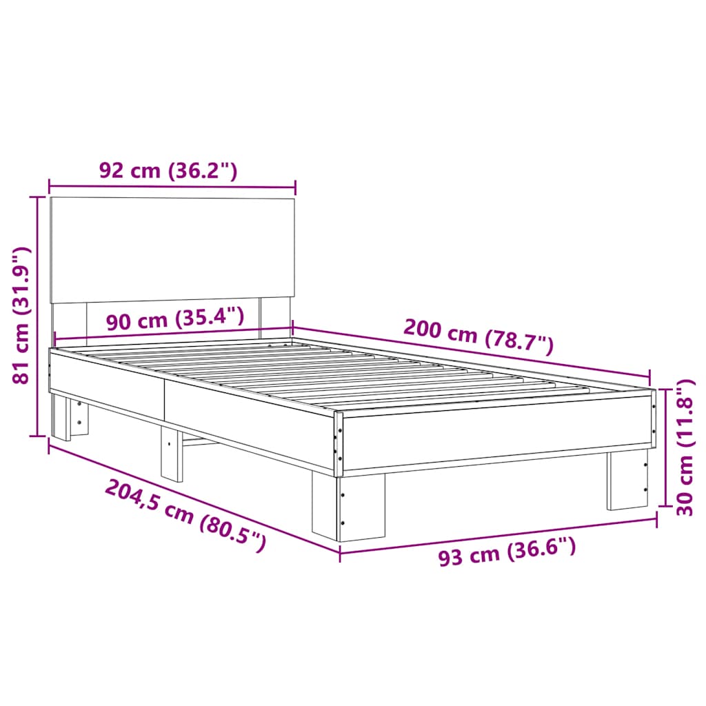 sengeramme 90x200 cm konstrueret træ og metal brun egetræsfarve