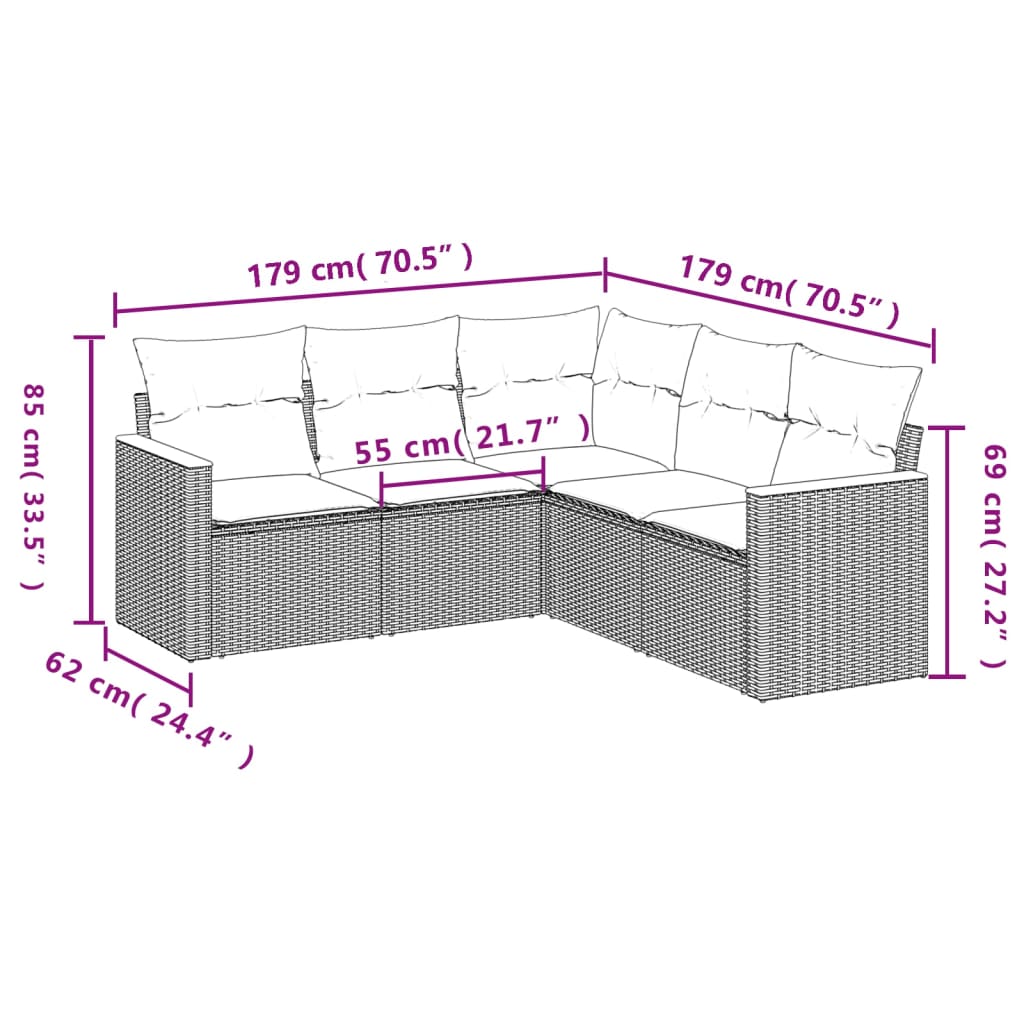 sofasæt 5 dele med hynder polyrattan grå