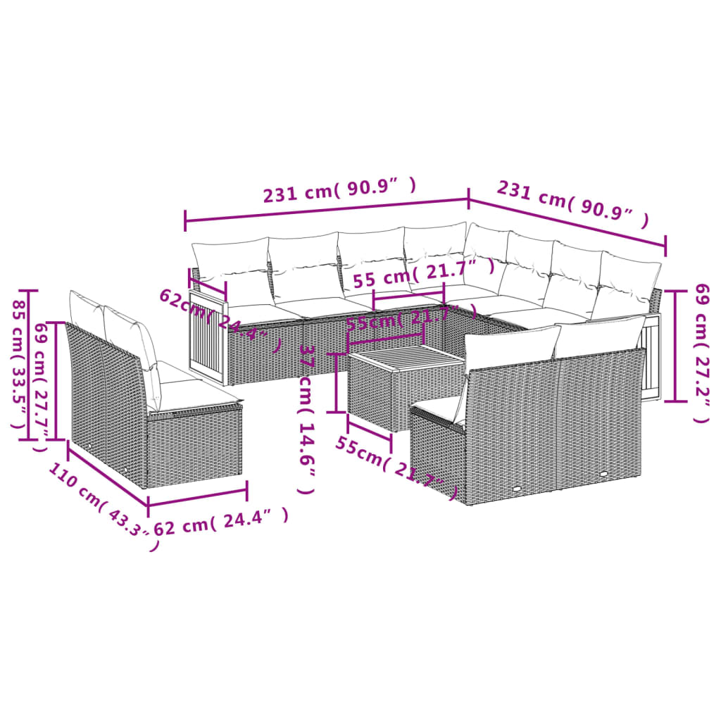 sofasæt til haven 12 dele med hynder polyrattan beige
