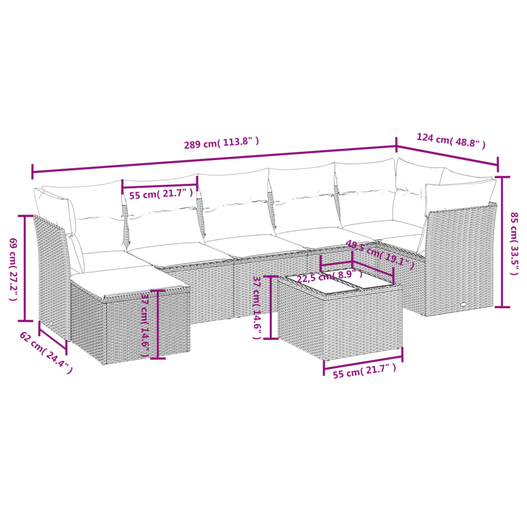 sofasæt til haven 8 dele med hynder polyrattan lysegrå
