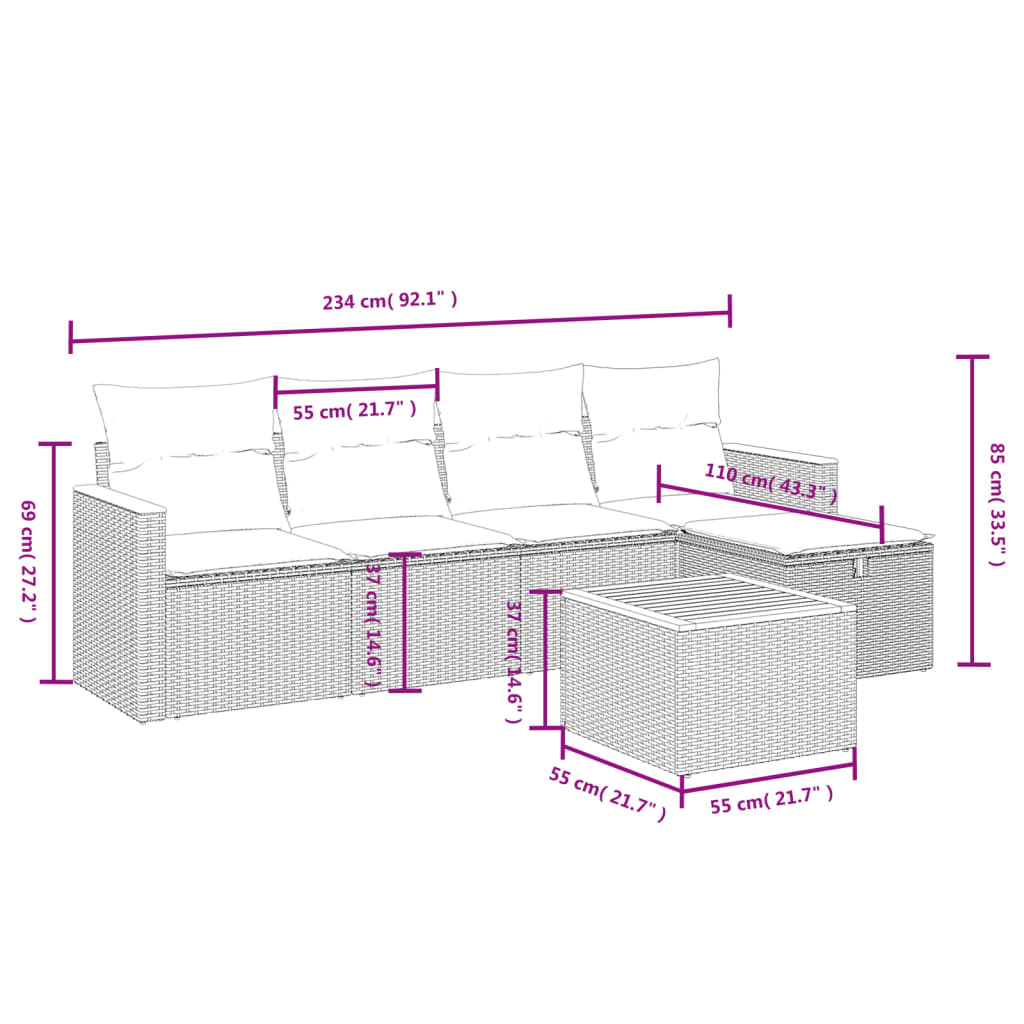 sofasæt til haven 6 dele med hynder polyrattan beige
