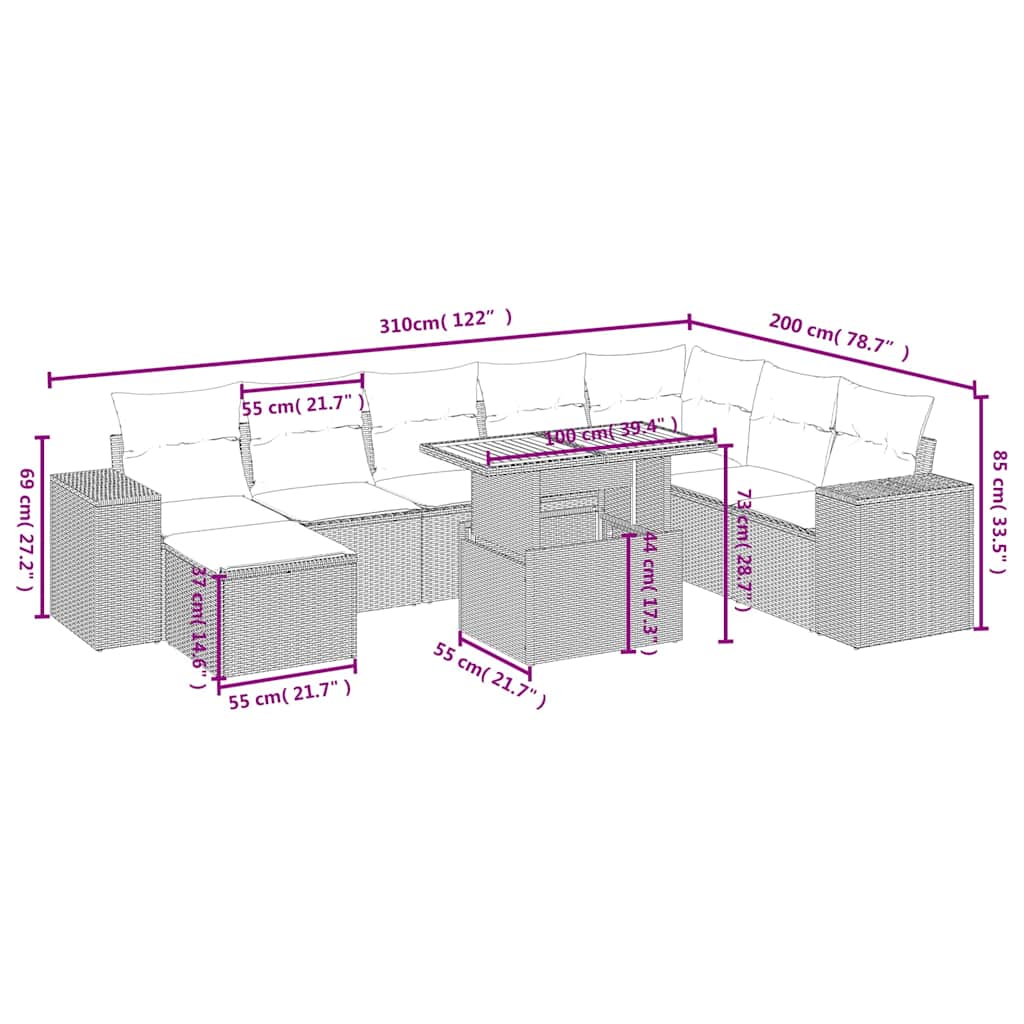 sofasæt til haven 9 dele med hynder polyrattan sort