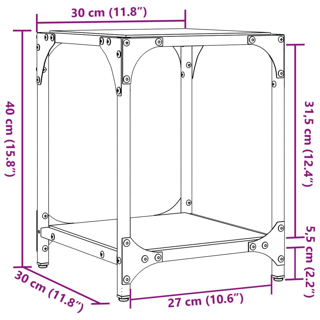 sofaborde med sort glastop 2 stk 30x30x40 cm stål