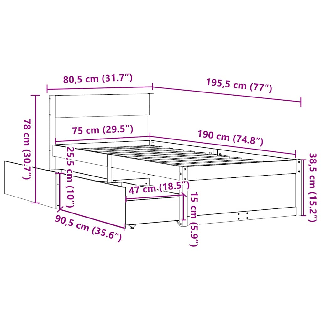 sengeramme uden madras 75x190 cm massivt fyrretræ gyldenbrun