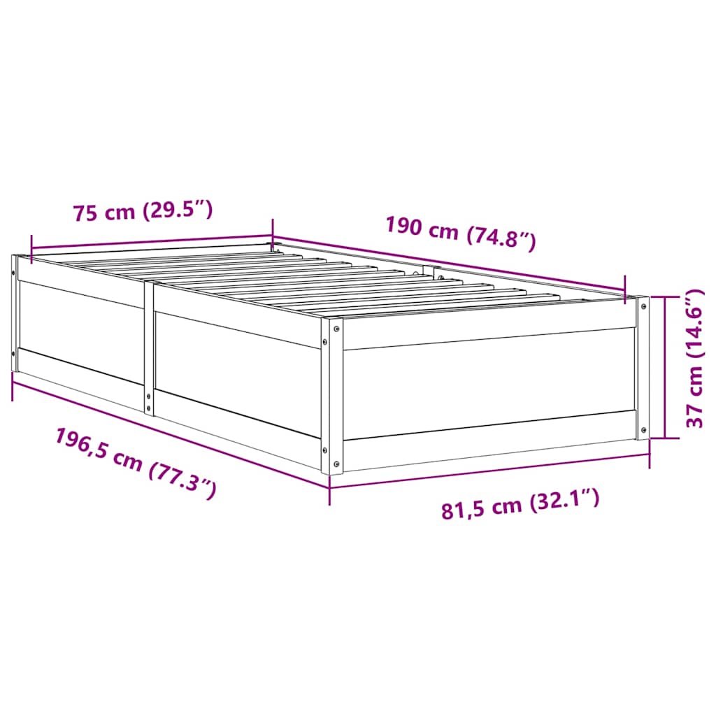 sengeramme uden madras 75x190 cm massivt fyrretræ hvid