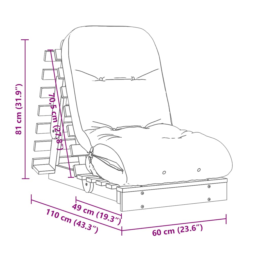 futon med madras 60x206x11 cm massivt fyrretræ