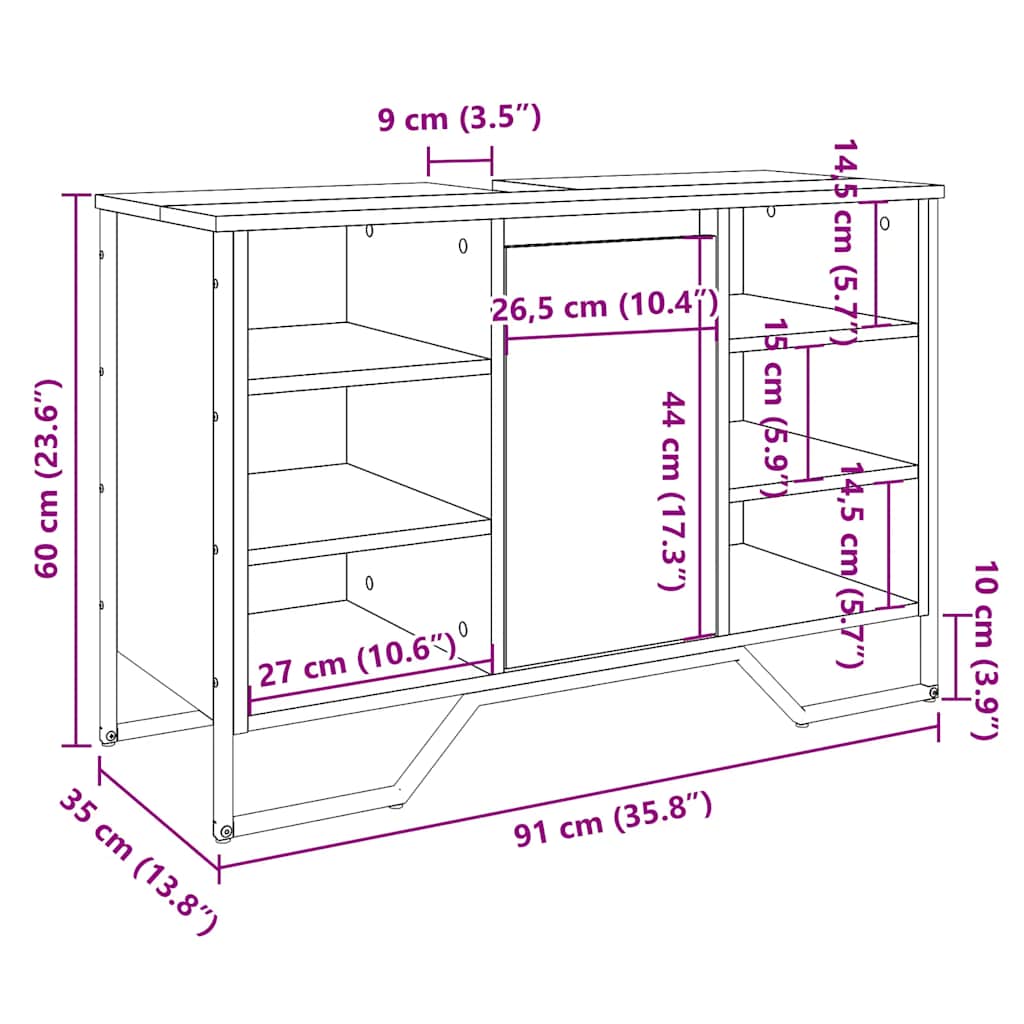 underskab til håndvask 91x35x60 cm konstrueret træ røget eg