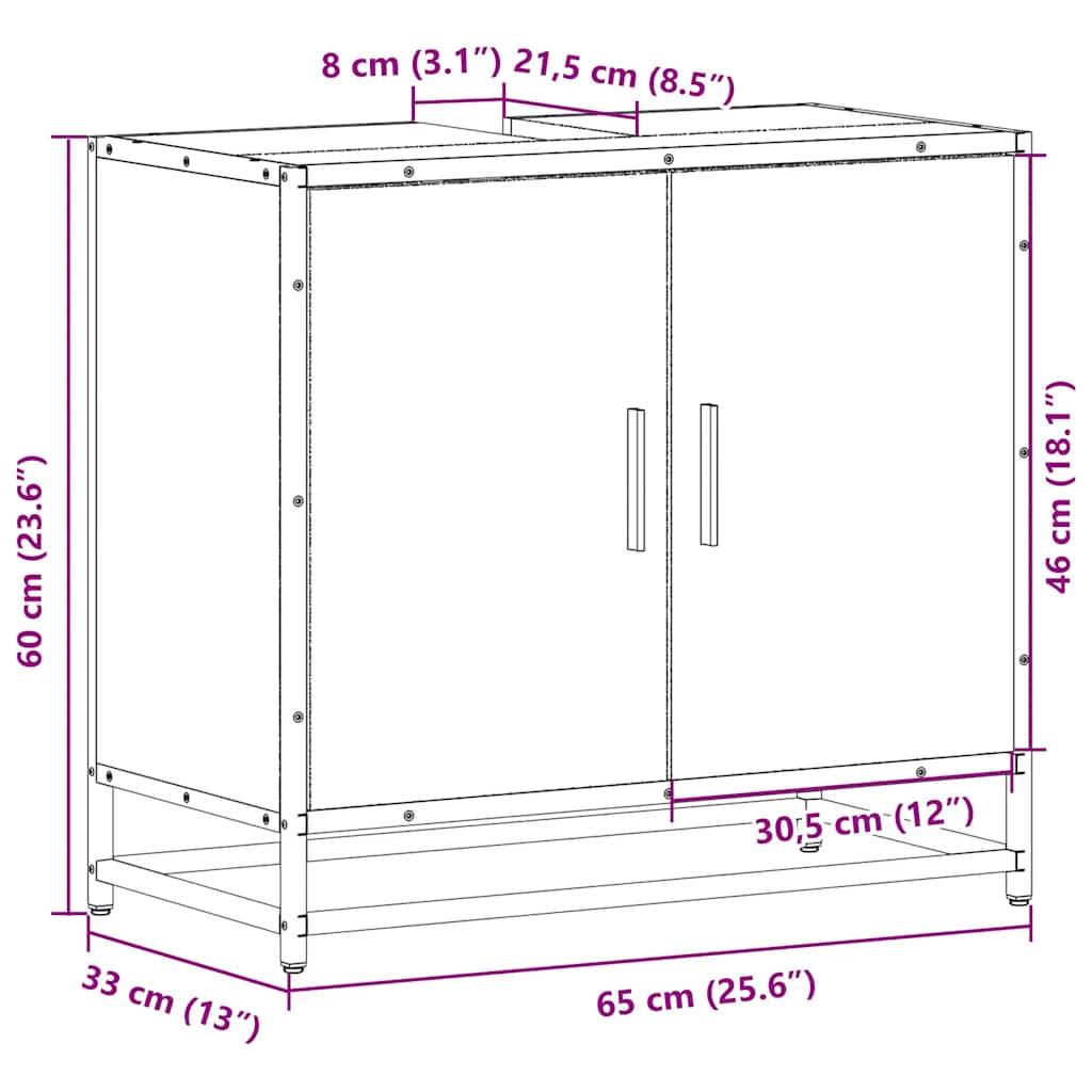 skab til håndvask til badeværelse 65x33x60 cm røget egetræ