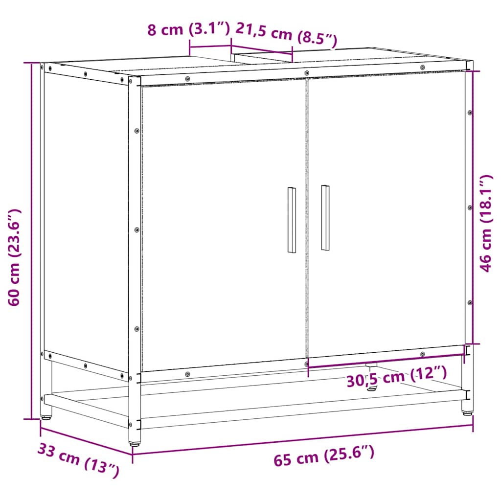 skab til håndvask til badeværelse 65x33x60 cm grå sonoma-eg