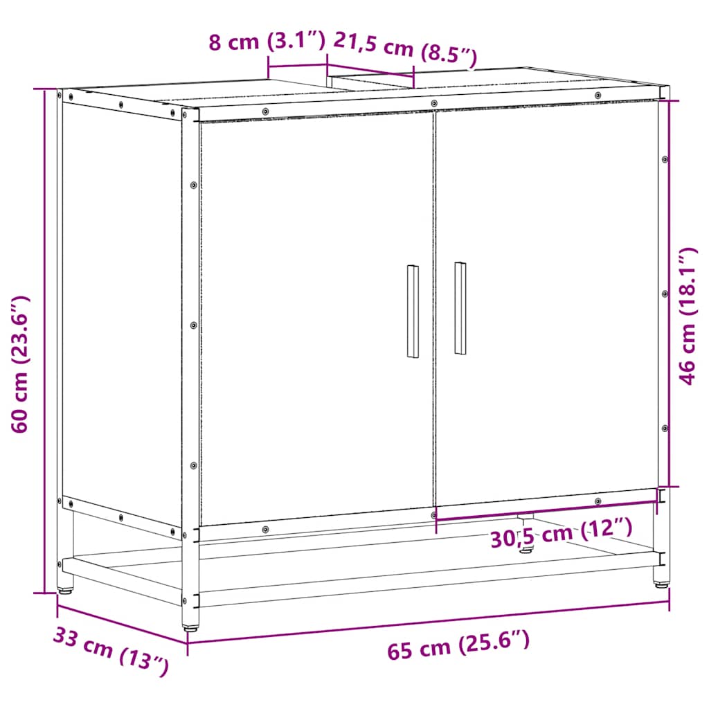 skab til håndvask til badeværelse 65x33x60 cm brunt egetræ