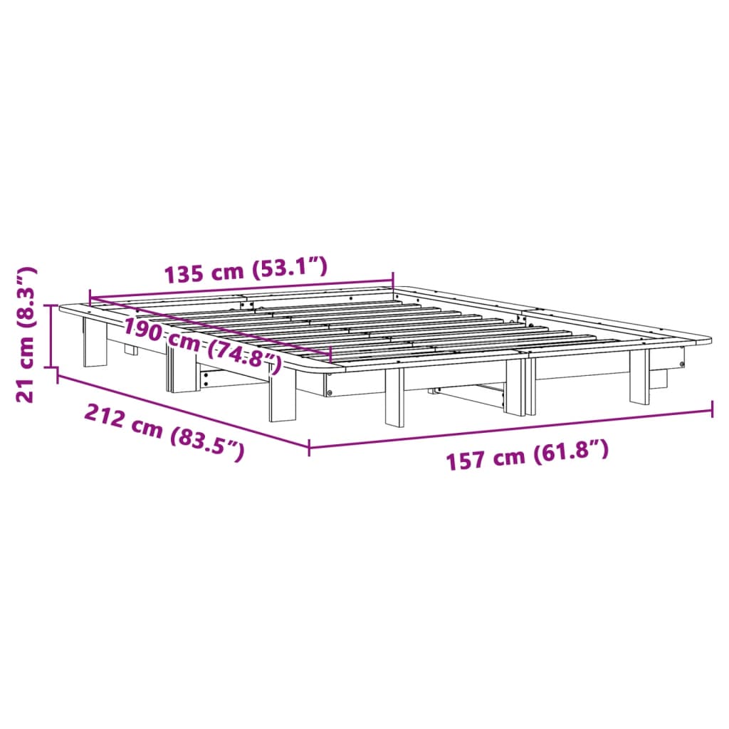 sengeramme uden madras 135x190 cm massivt fyrretræ hvid