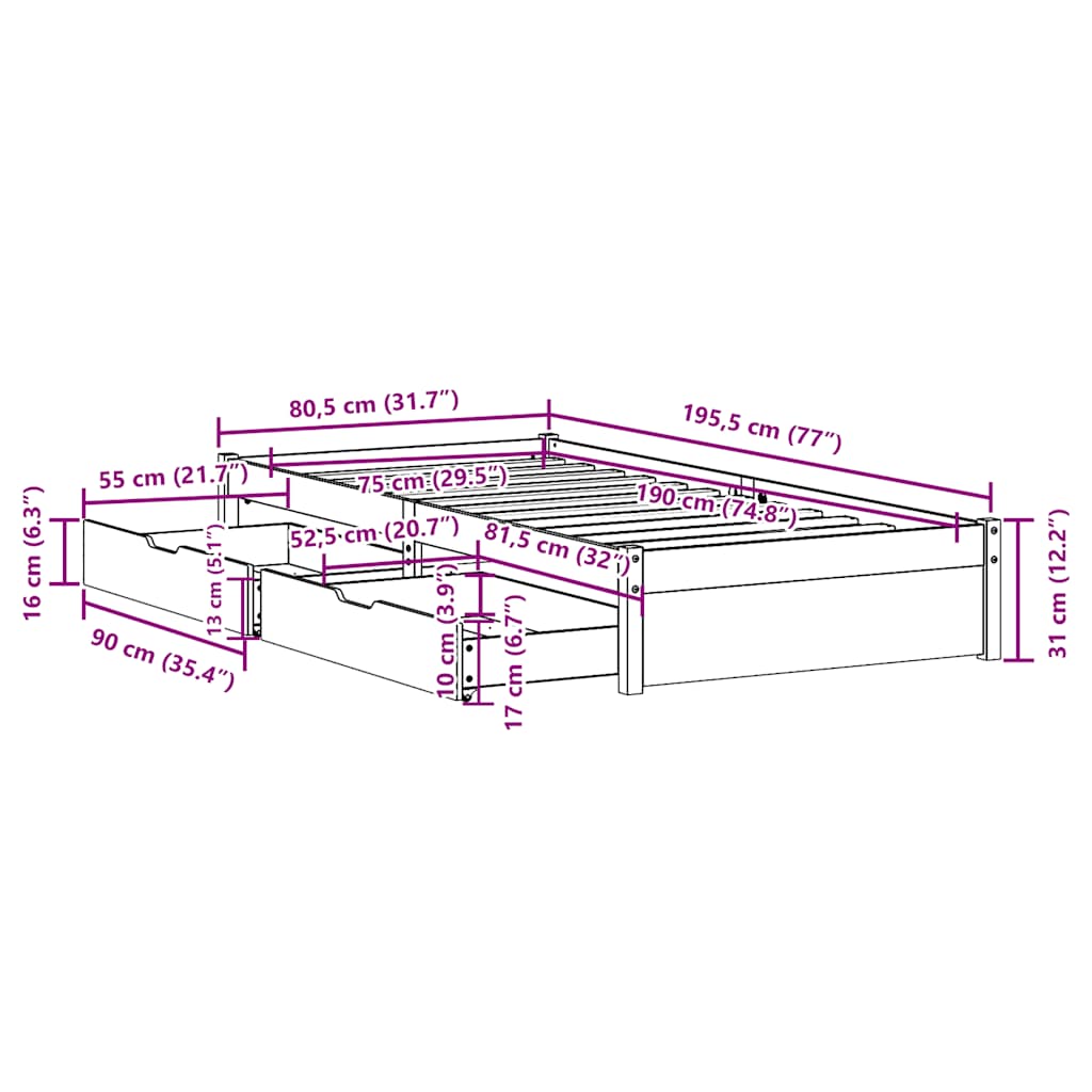 sengeramme uden madras 75x190 cm massivt fyrretræ