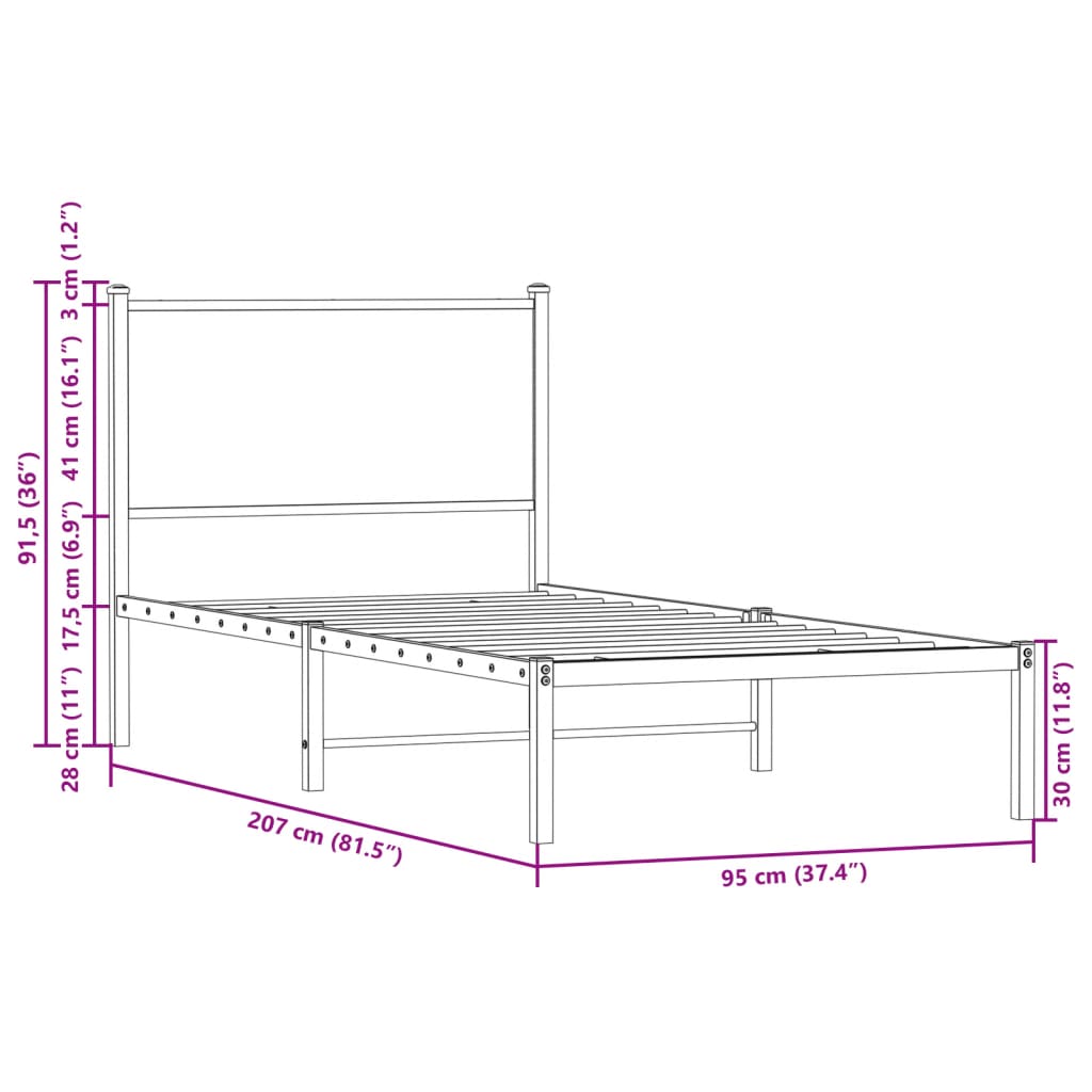 sengeramme 90x200 cm uden madras metal brun egetræsfarve