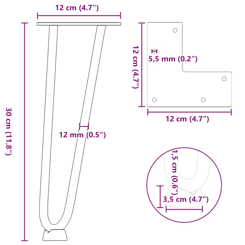 hårnåleben til sofabord 4 stk. naturstål 30 cm massivt stål