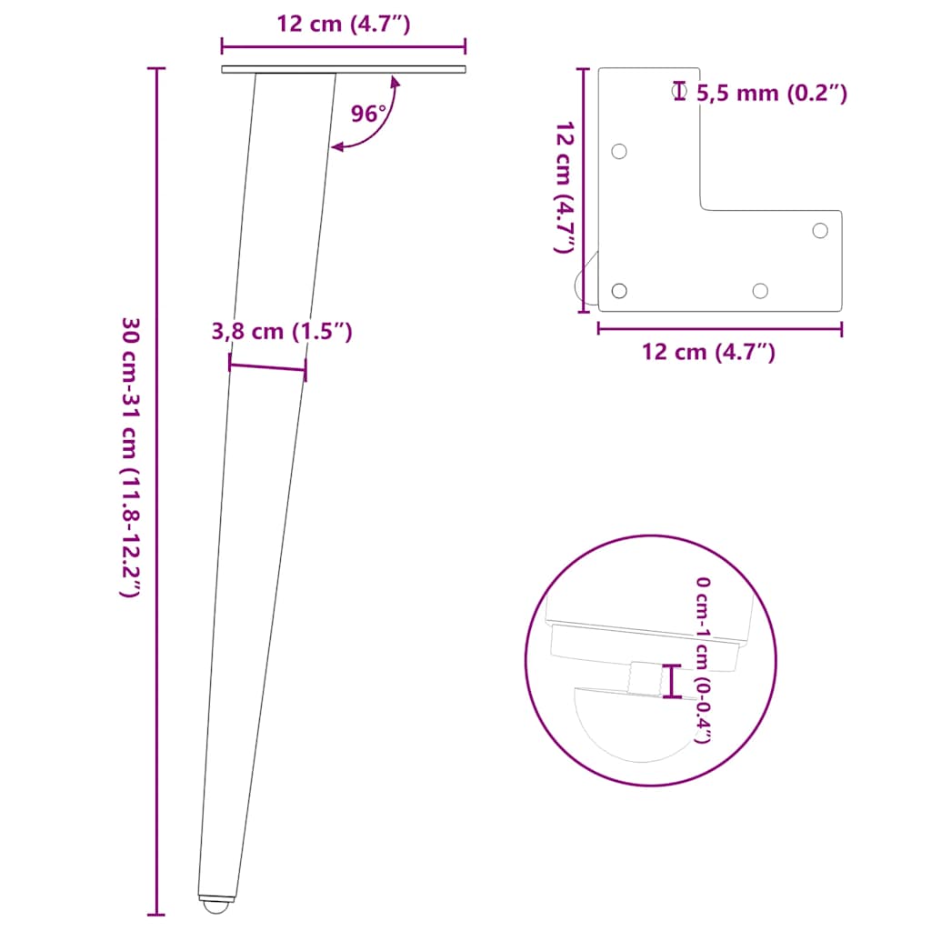 sofabordben konisk form 4 stk. naturstål 30-31 cm stål