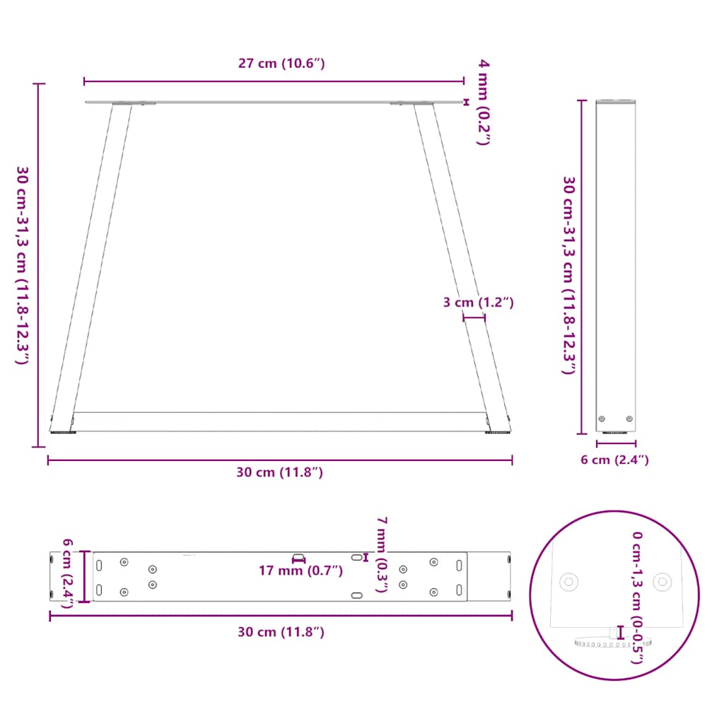 sofabordsben V-formet 2 stk. naturstål 30x(30-31,3) cm stål