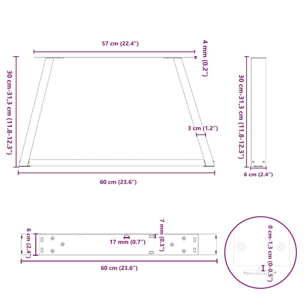 sofabordsben V-formet 2 stk. naturstål 60x(30-31,3) cm stål