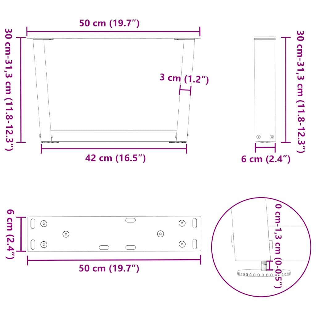 sofabordsben V-formet 2 stk. antracit 50x(30-31,3) cm stål