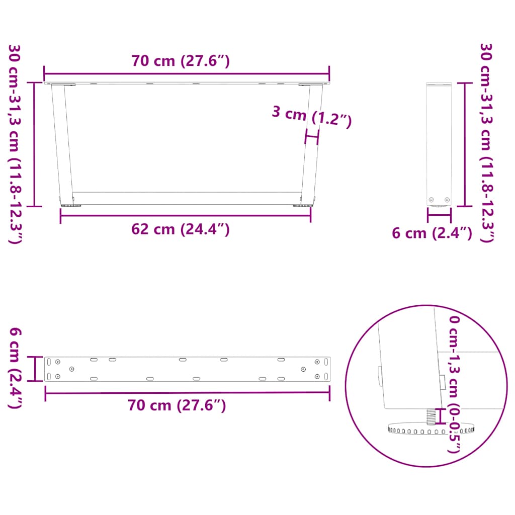 sofabordsben V-formet 2 stk. antracit 70x(30-31,3) cm stål