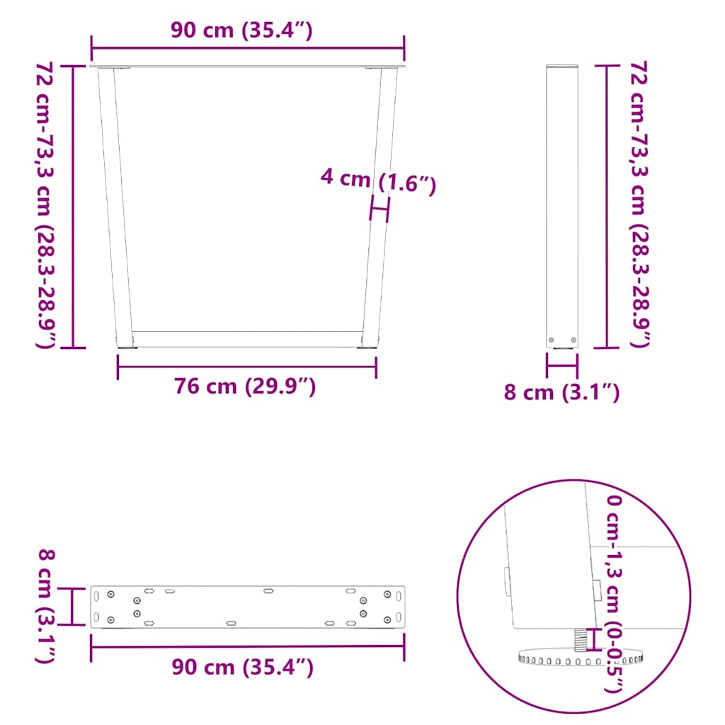 spisebordsben V-formet 2 stk. hvid 90 x (72-73,3) cm stål