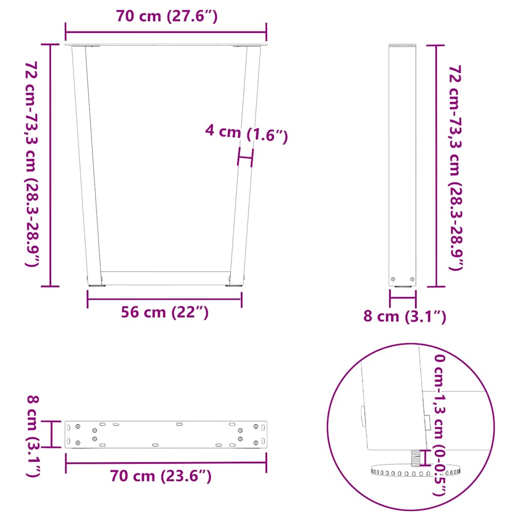 spisebordsben V-formet 3 stk. naturstål 70 x (72-73,3) cm stål
