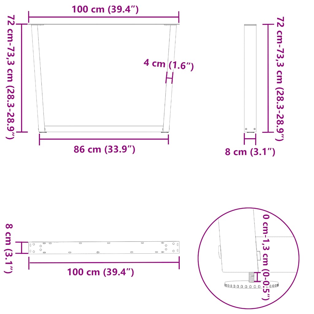 spisebordsben V-formet 3 stk. antracit 100x(72-73,3) cm stål