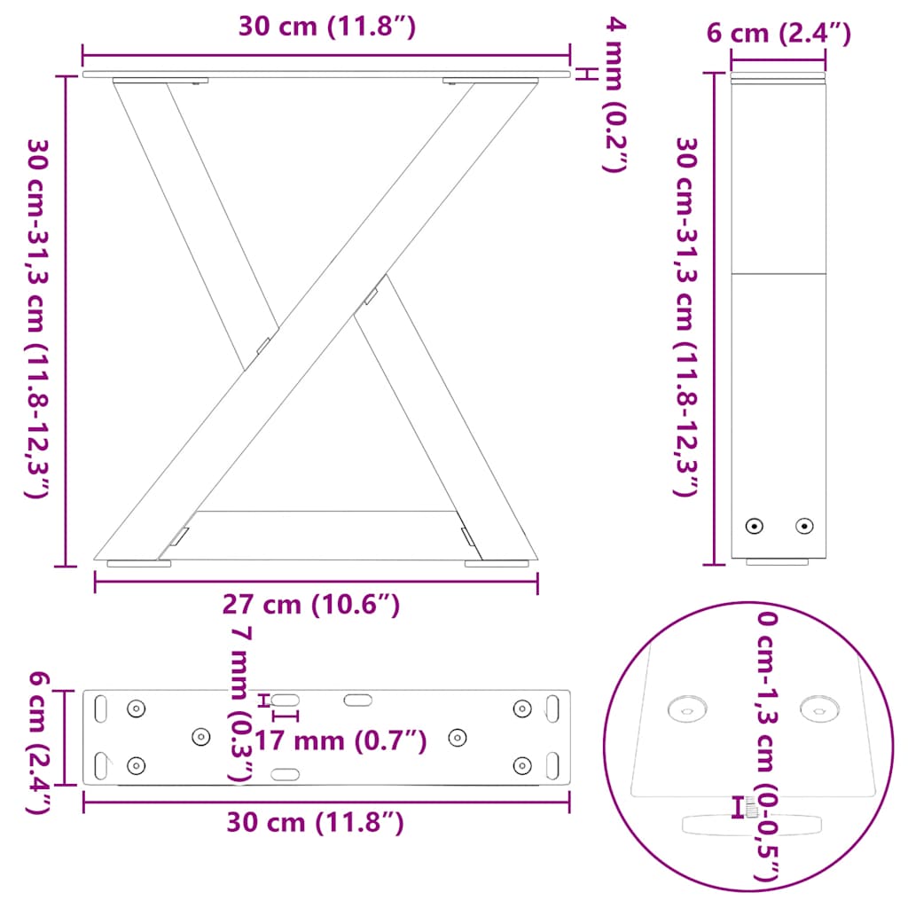 sofabordsben 2 stk. hvid 30x(30-31,3) cm stål