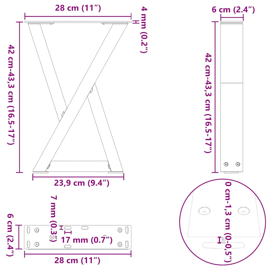 sofabordsben 2 stk. naturstål 28 x (42-43,3) cm stål