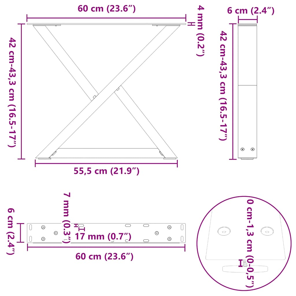 sofabordsben 2 stk. sort 60 x (42-43,3) cm stål
