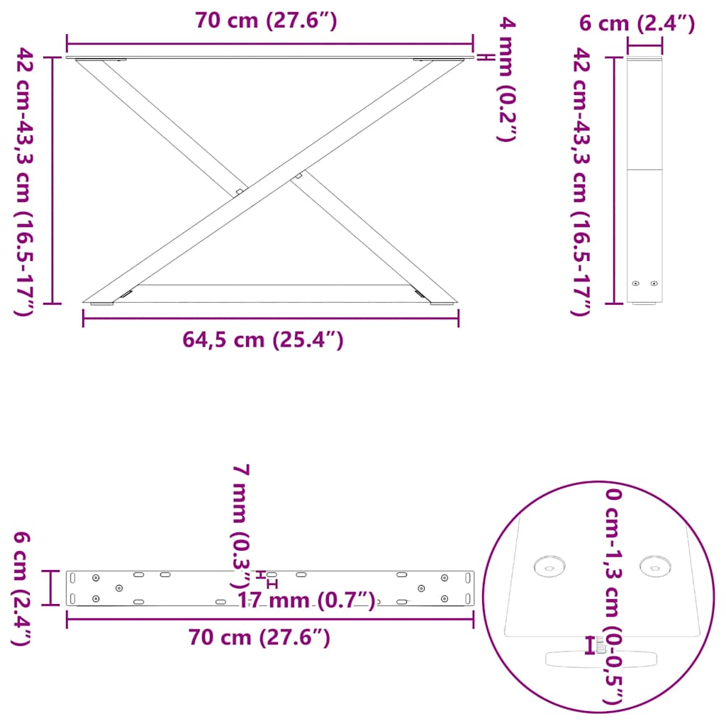 sofabordsben 2 stk. sort 70 x (42-43,3) cm stål