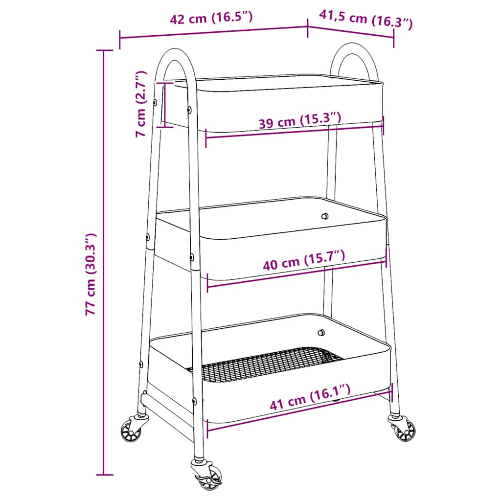Opbevaringsvogn 3 hylder sort 42x41,5x77 cm stål