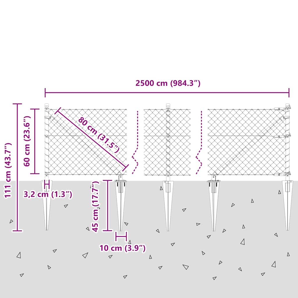 Kædehegn med pigge 25 x 0,6 m Galvaniseret stål Sølv Mesh