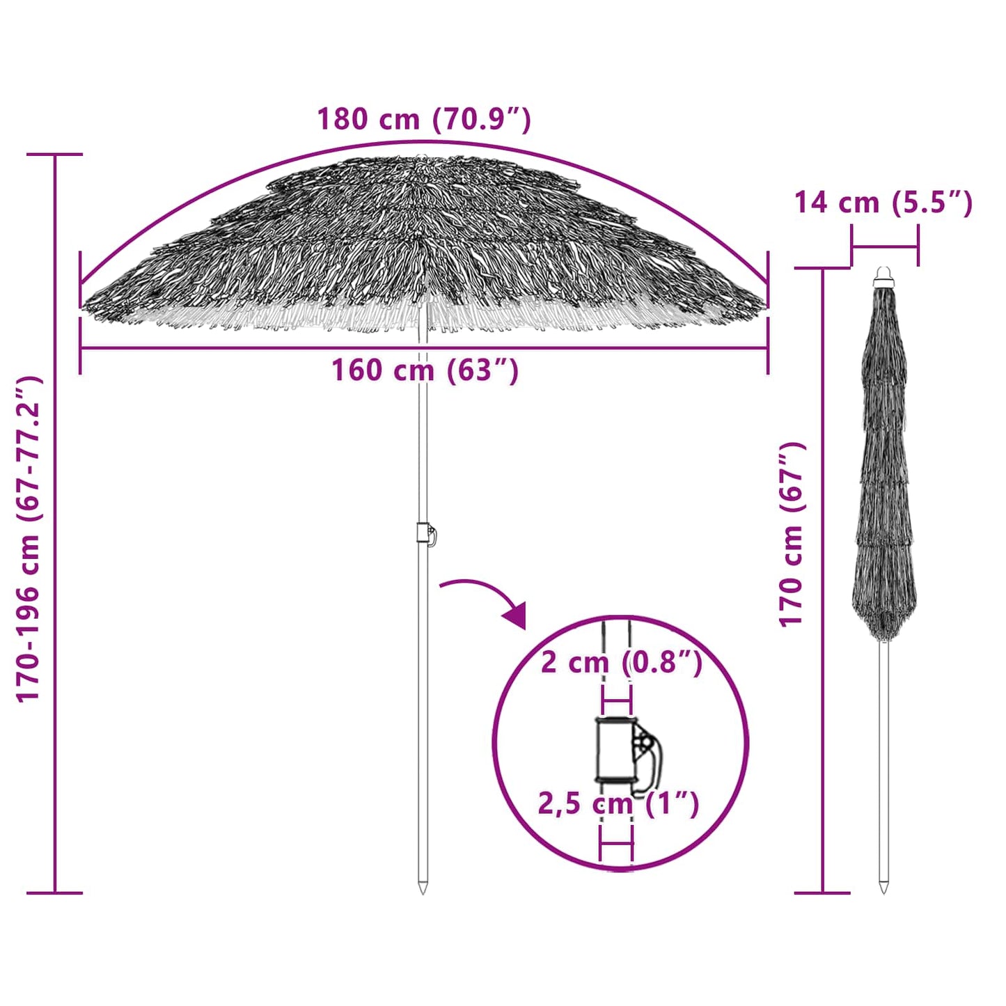 Strand Parasol Naturfarvet 160 x 160 x 196 cm Polyester og Stål