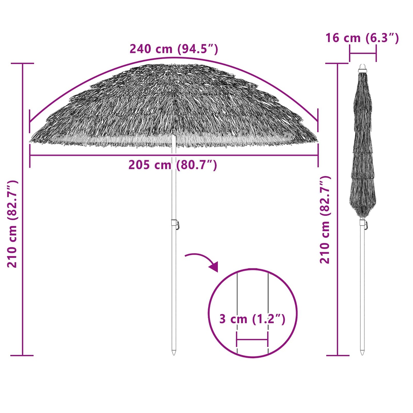 Strand Parasol Naturfarvet 205 x 205 x 210 cm Polyester og Stål