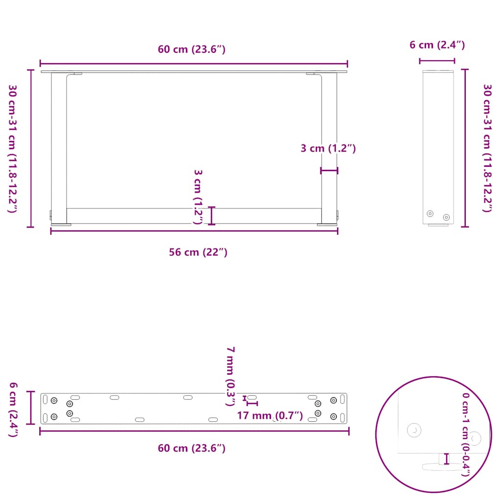 sofabordsben U-formet 2 stk. sort 60 x (30-31) cm stål