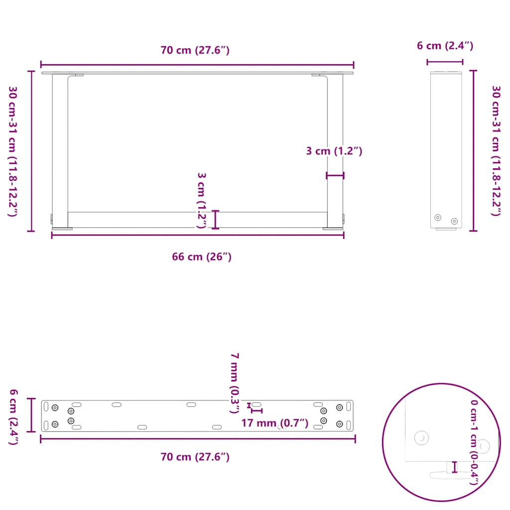 sofabordsben U-formet 2 stk. naturstål 70x(30-31) cm stål