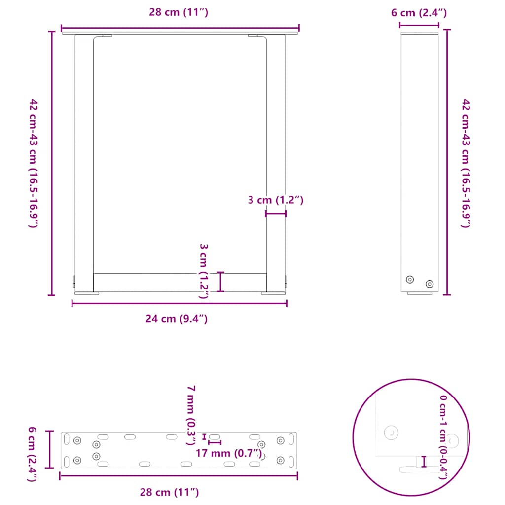 sofabordsben U-formet 2 stk. hvid 28 x (42-43) cm stål