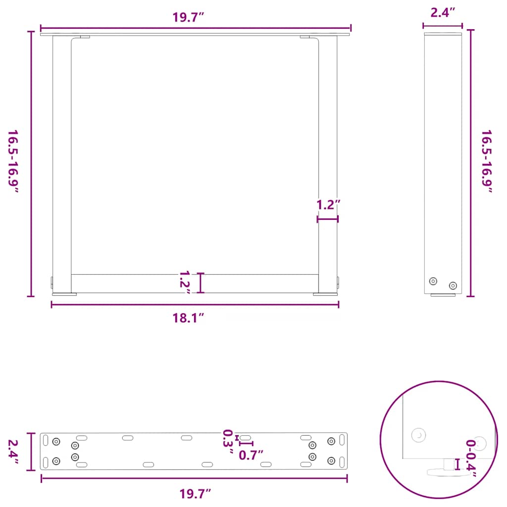 sofabordsben U-formet 2 stk. sort 50x(42-43) cm stål
