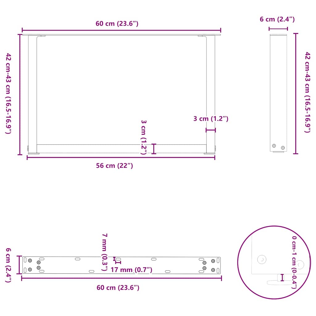 sofabordsben U-formet 2 stk. antracit 60x(42-43) cm stål