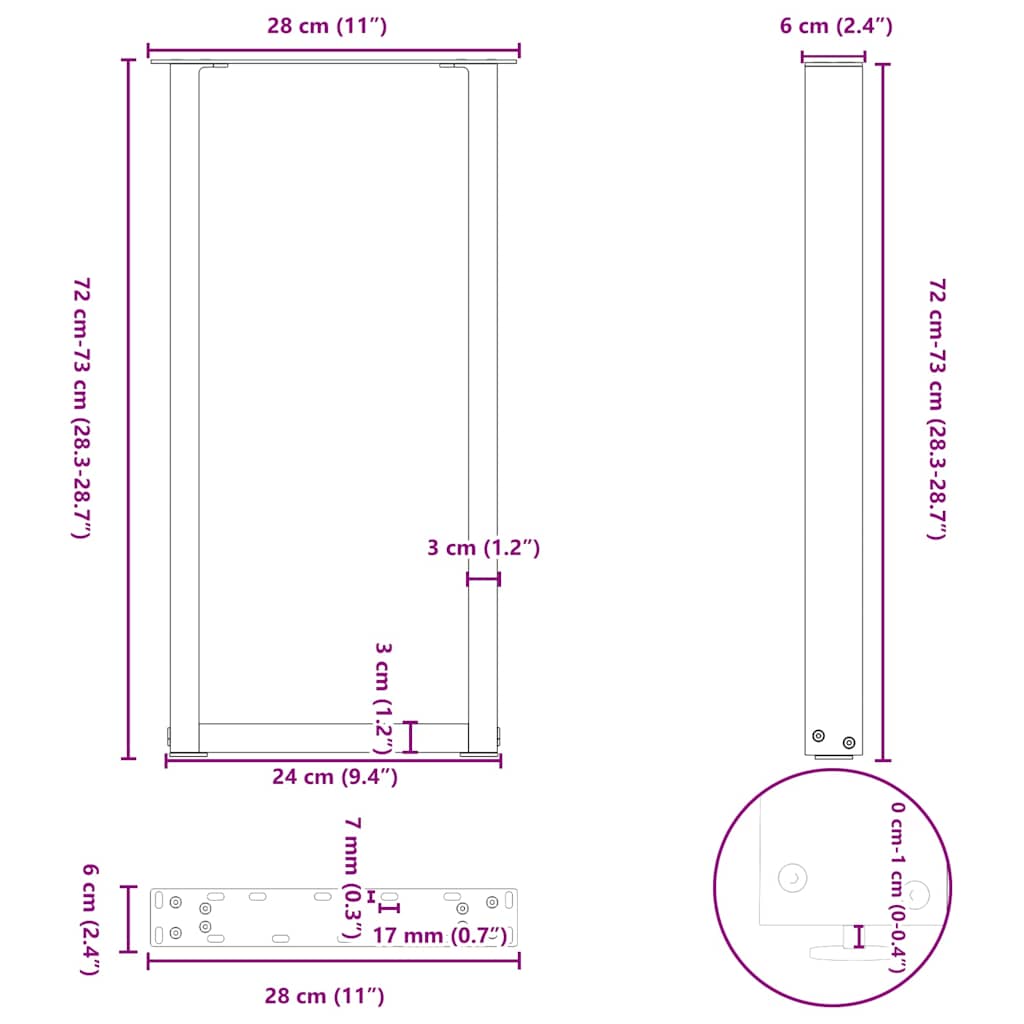 konsolbordben U-formet 2 stk. sort 28 x (72-73) cm stål