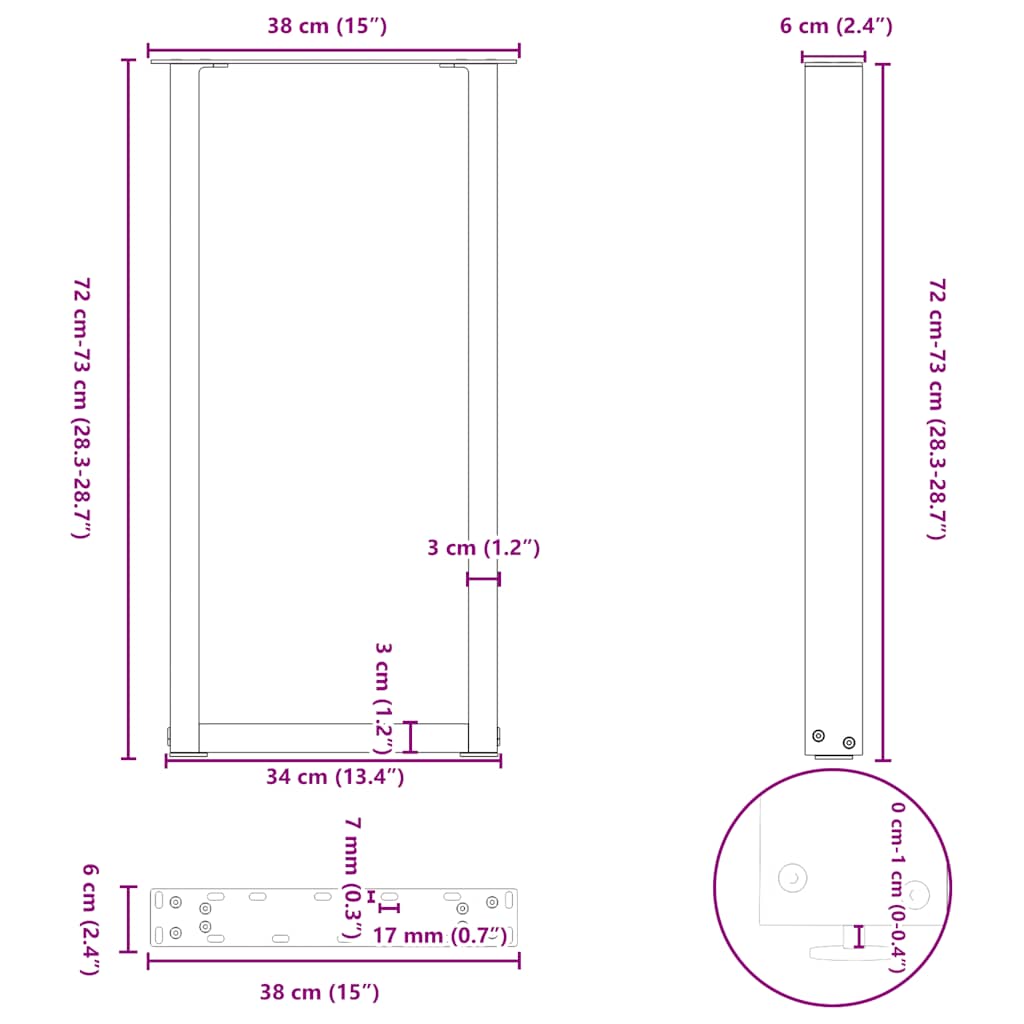konsolbordben U-formet 2 stk. sort 38 x (72-73) cm stål