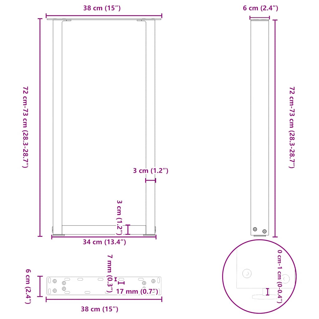 konsolbordben U-formet 2 stk. hvid 38 x (72-73) cm stål