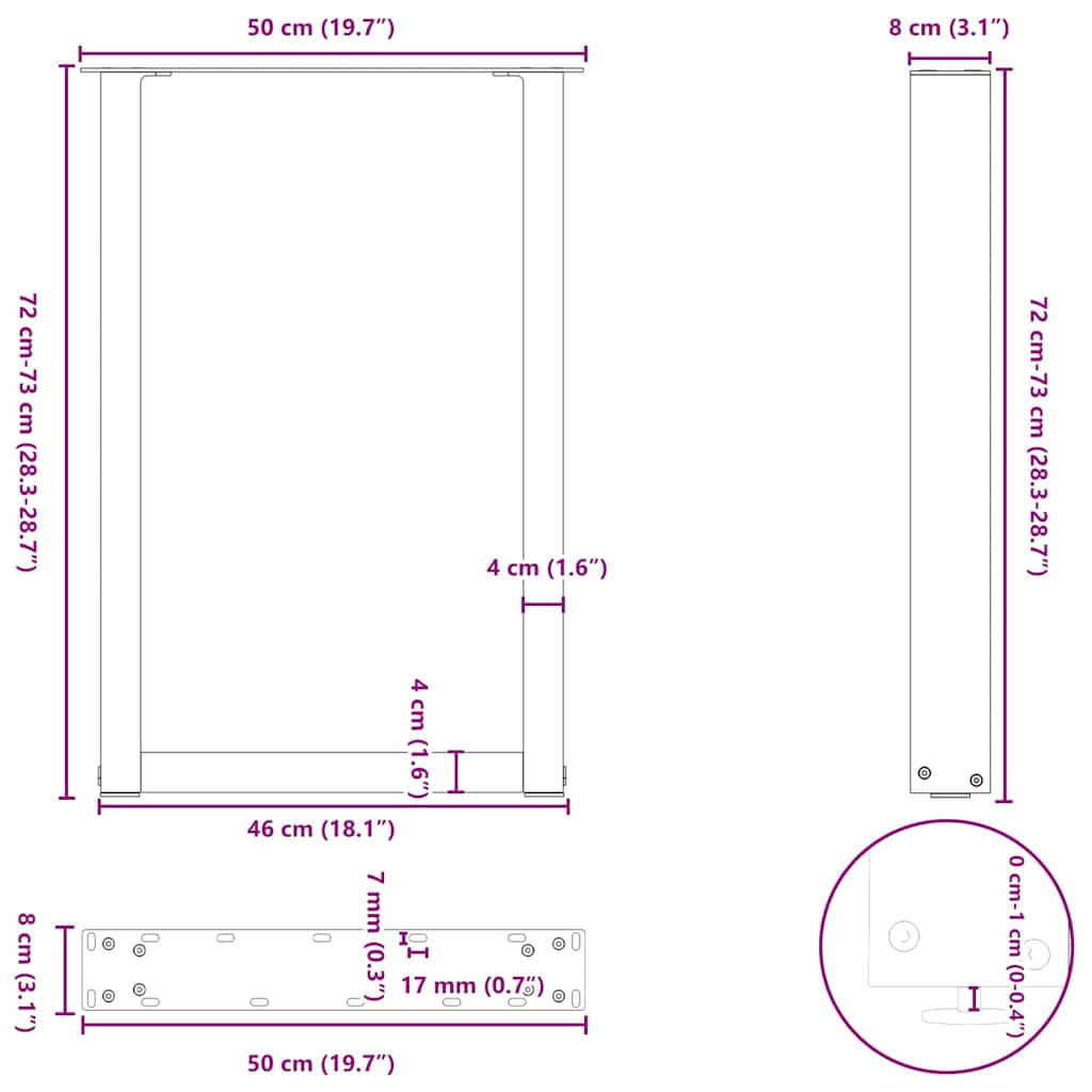 spisebordsben U-formet 2 stk. sort 50x(72-73) cm stål